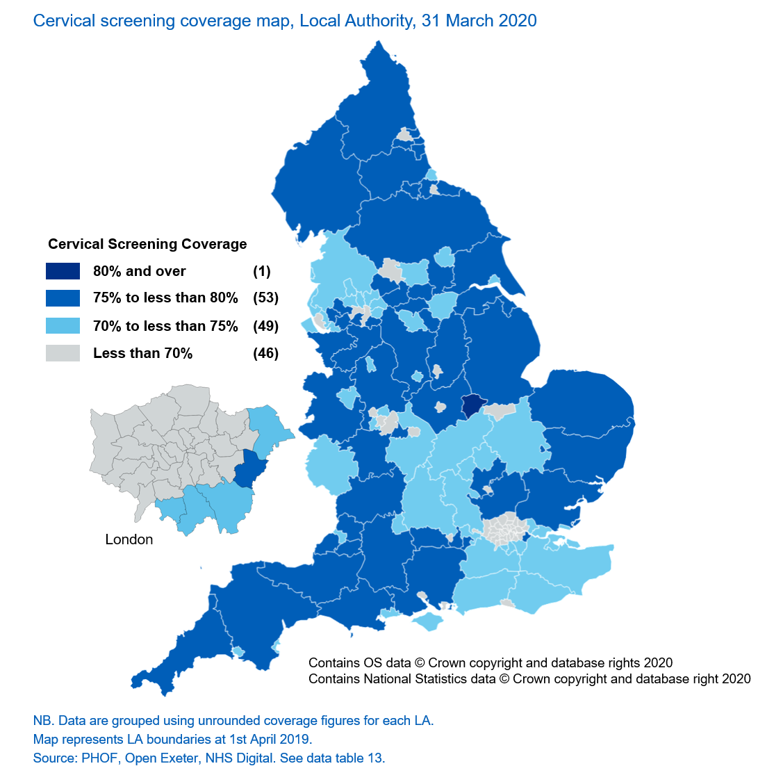 Map of Local Authority cervical screening coverage, 31 March 2020