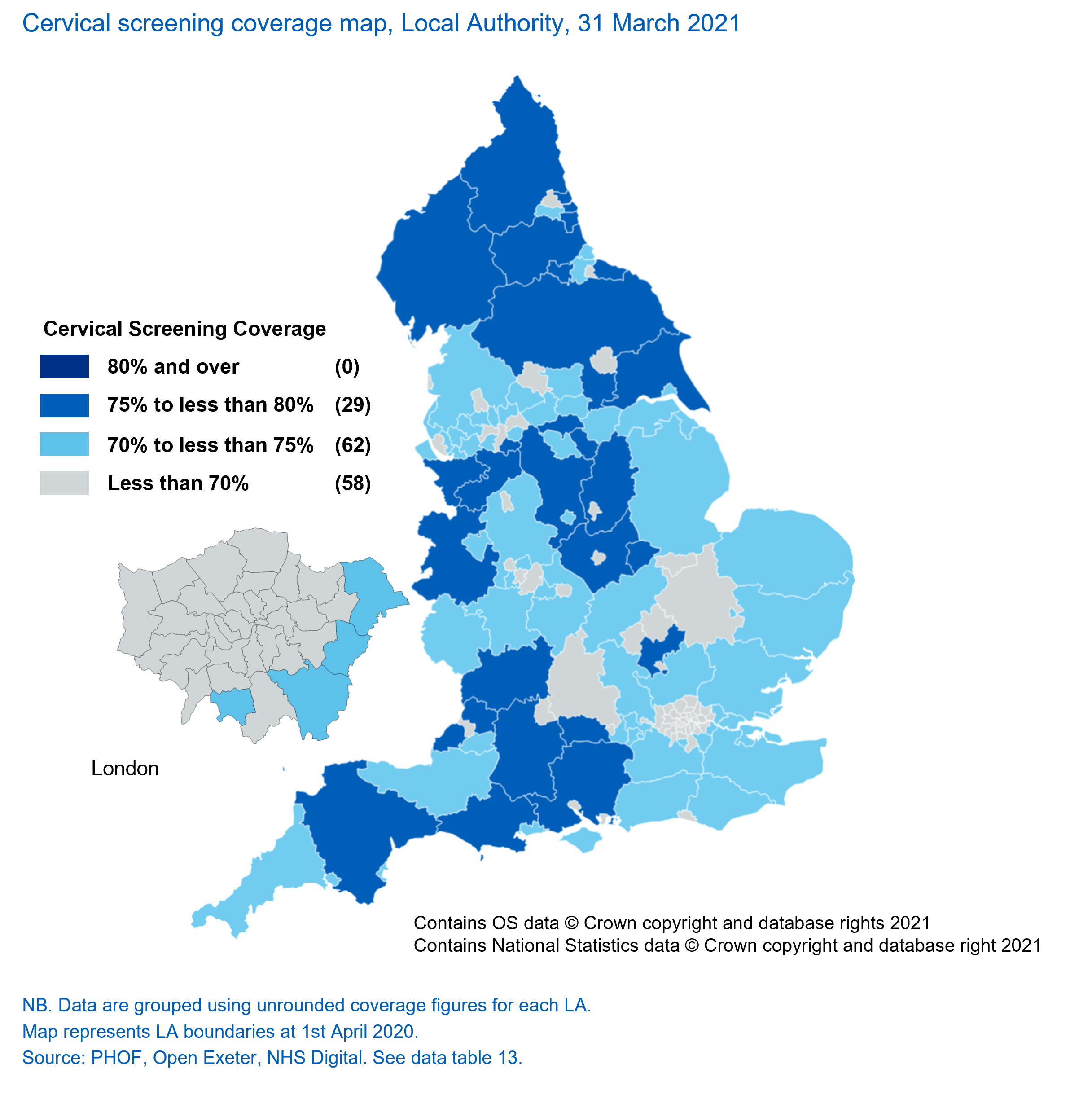 Map of Local Authority cervical screening coverage, 31 March 2021