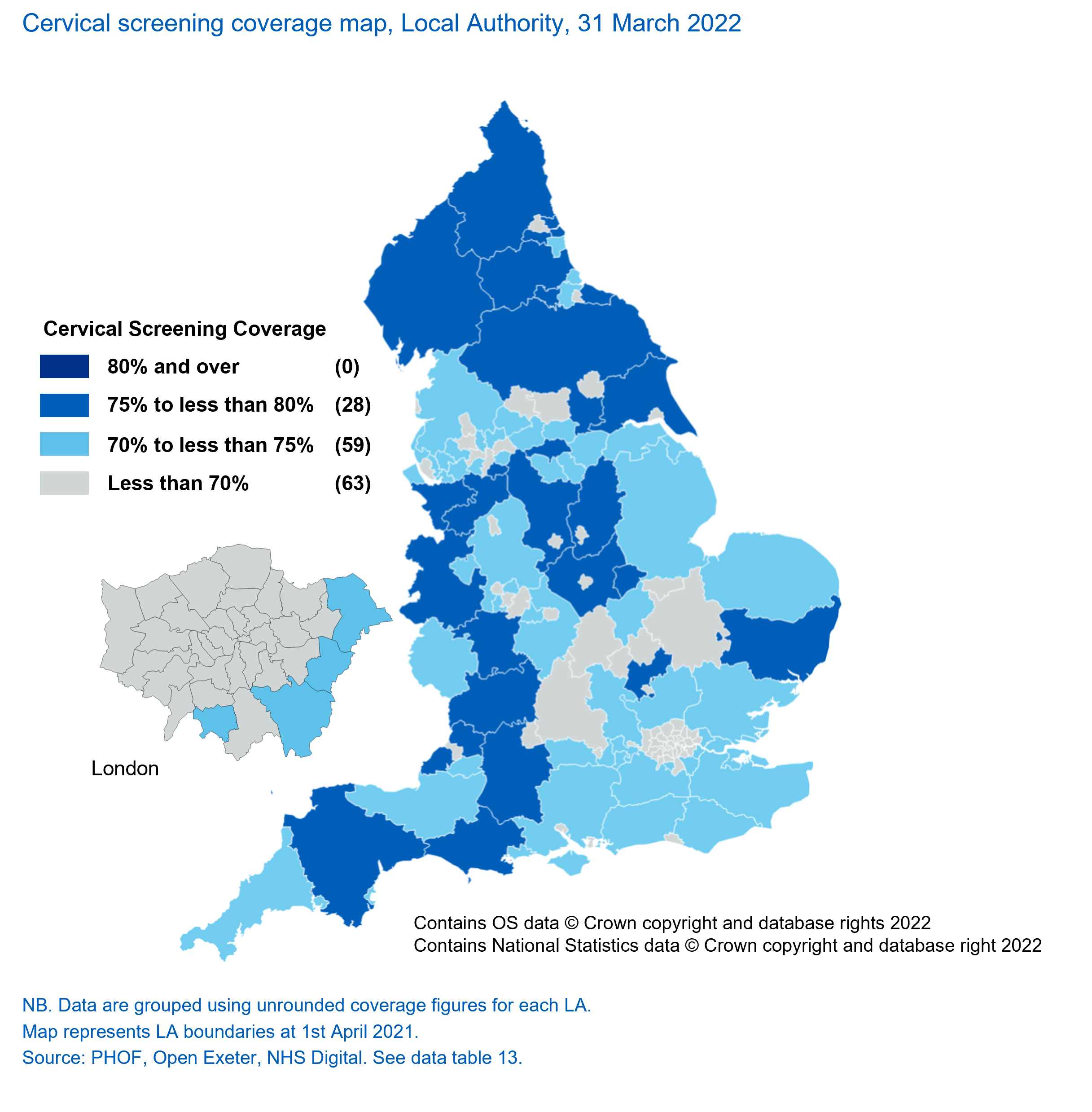 Map of Local Authority cervical screening coverage, 31 March 2022