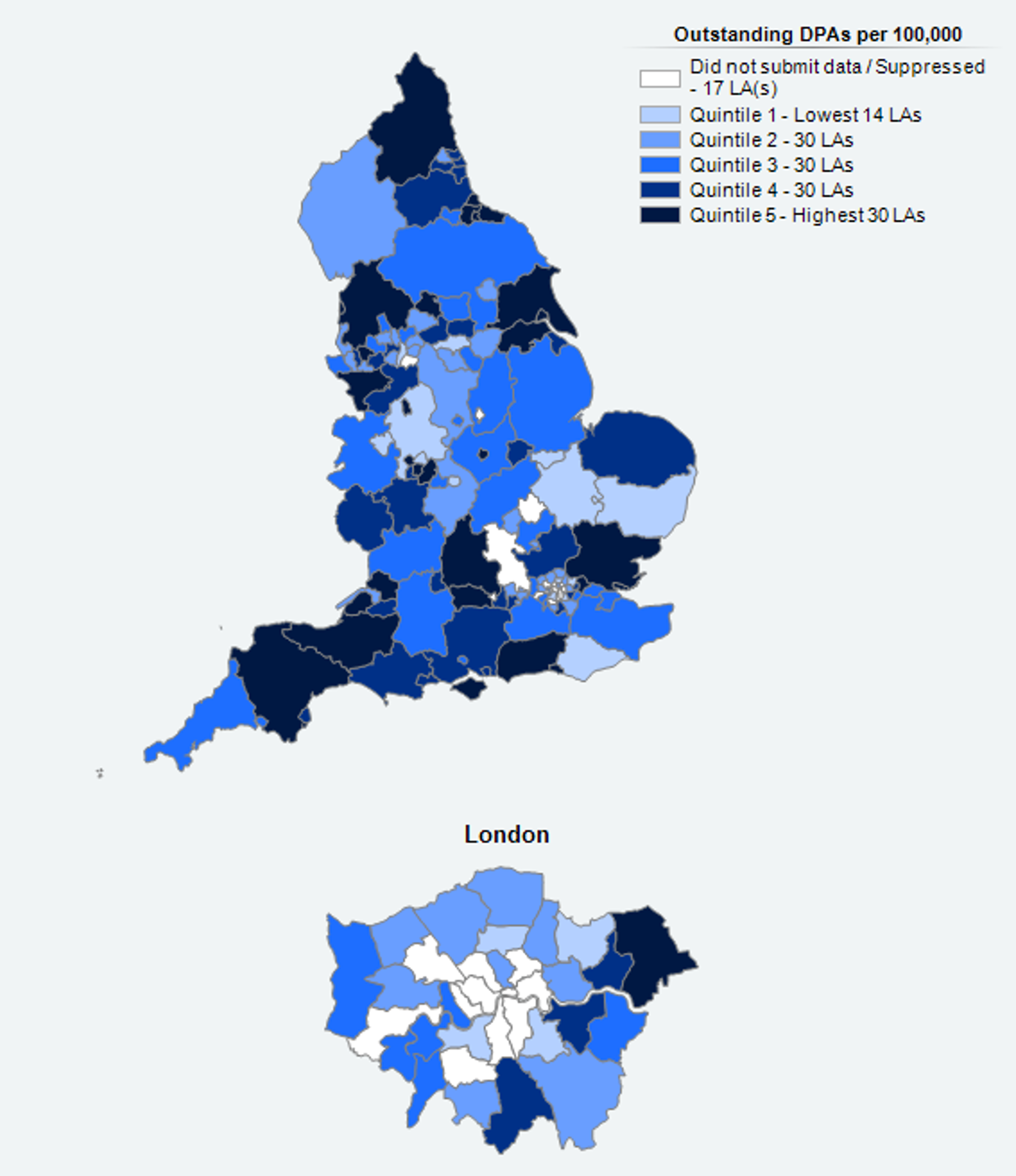 Outstanding DPAs at 31 March 2020 per 100,000 adult population, by local authority