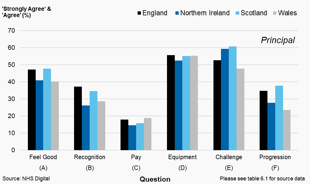 Figure 6.1: Percentage of Principal dentists (%) that answered ‘strongly agree’ or ‘agree’ by question and country, 2019/20