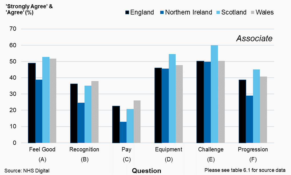 Figure 6.2: Percentage of Associate dentists (%) that answered ‘strongly agree’ or ‘agree’ by question and country, 2019/20