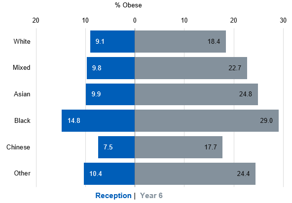 Reception and year 6 obesity prevalence by ethnicity