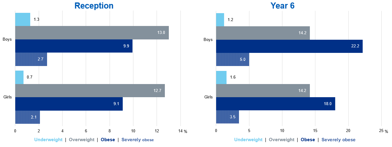 Bar chart showing prevalence of the BMI classifications for reception and year 6 children by sex