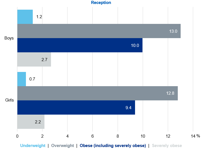 Bar chart showing prevalence of the BMI classifications for reception children by sex