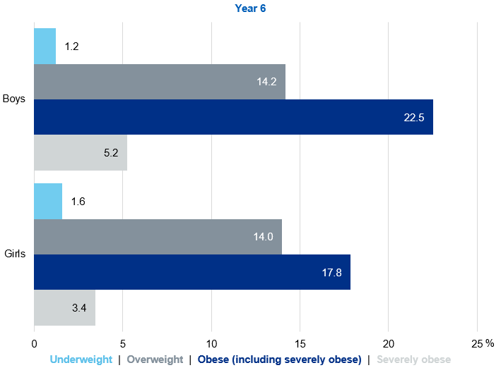 Bar chart showing prevalence of the BMI classifications for year 6 children by sex