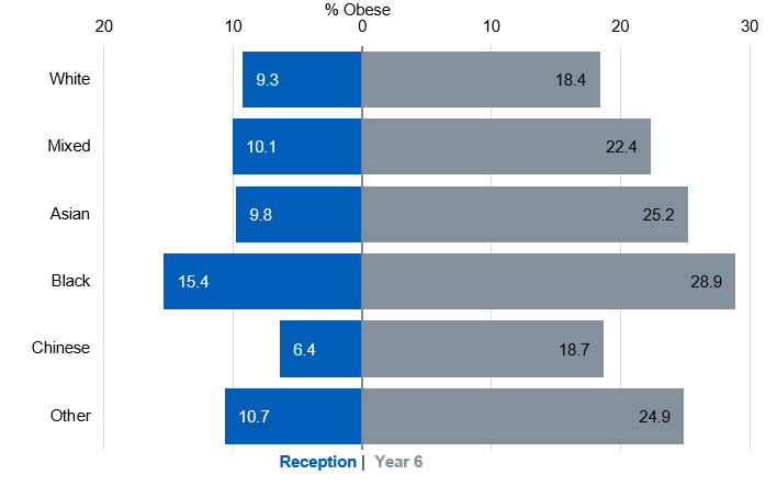 Reception and year 6 obesity prevalence by ethnicity