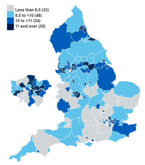 Map showing obesity prevalence by upper tier local authority for children in reception
