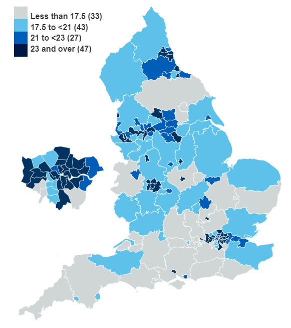 Map showing obesity prevalence by upper tier local authority for children in year 6