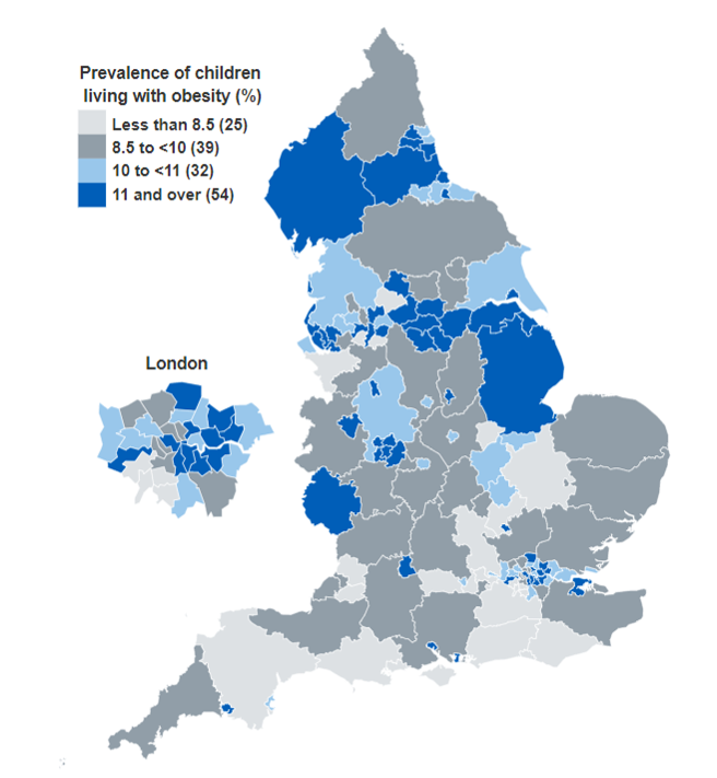 Map showing the prevalence of children living with obesity by upper tier local authority for children in reception