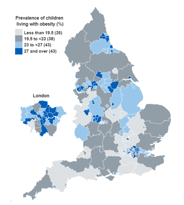 Map showing the prevalence of children living with obesity by upper tier local authority for children in year 6