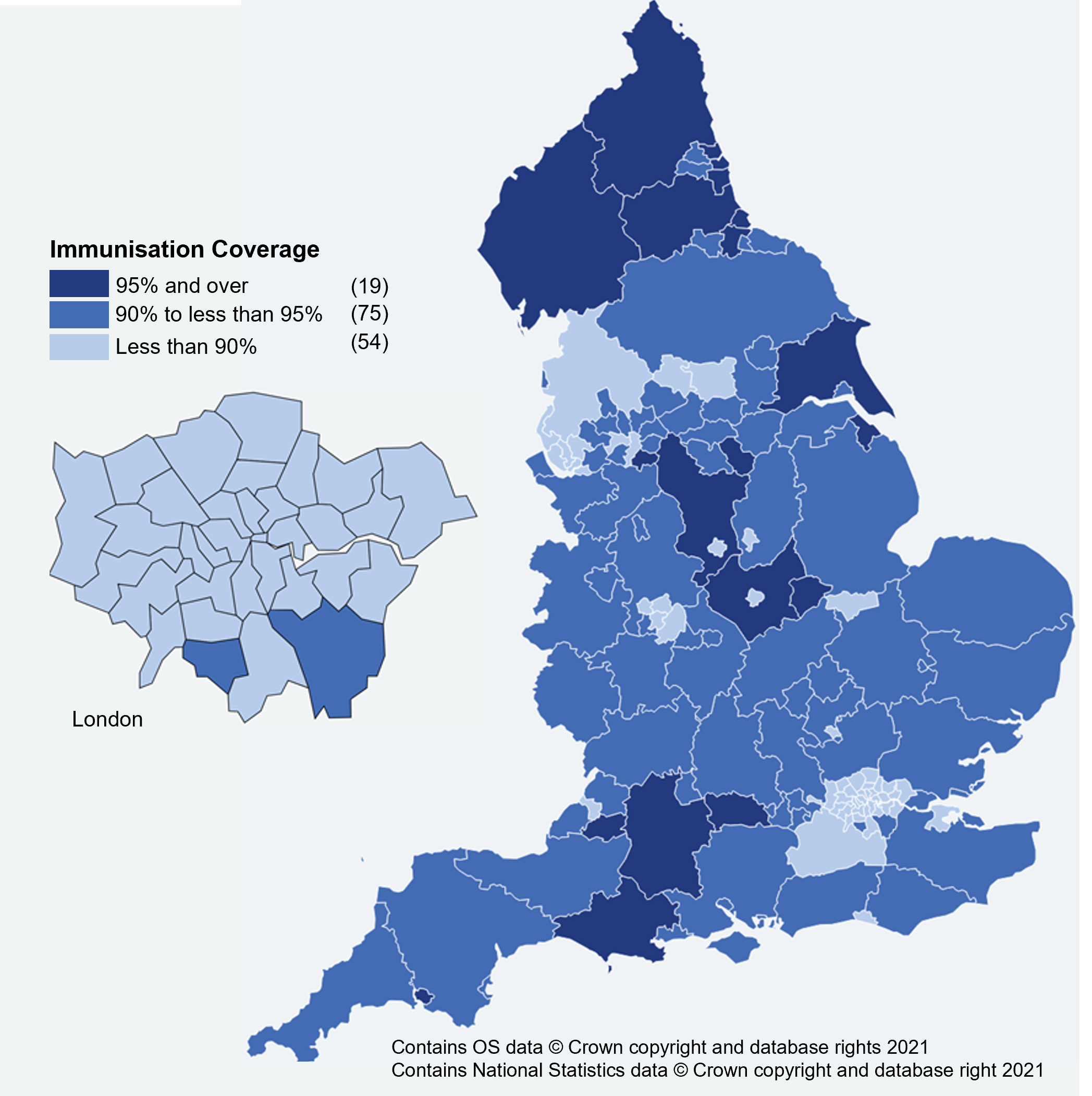 Map chart showing MMR1 vaccine – Local Authority coverage (24 months)