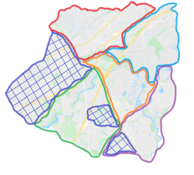 Illustration of a fictional CCG and PCNs where some GP practices are not within the geographical boundaries of the PCN they belong to