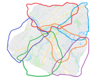 Illustration of fictional PCNs in terms of GP practice patient catchment areas