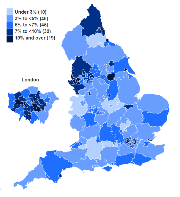 Map showing likelihood of contacts by females (aged 13 to 54), by Local Authority (LA)