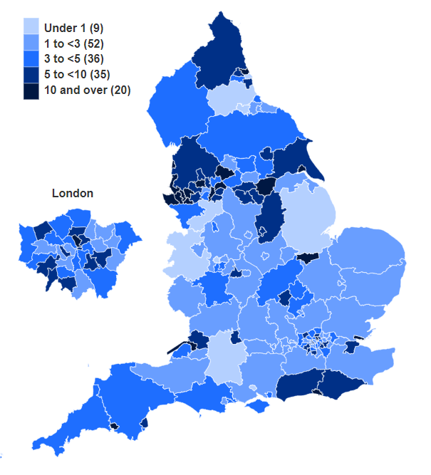 Map showing Emergency contraception provided to under 16’s (by SRH services only) by Local Authority