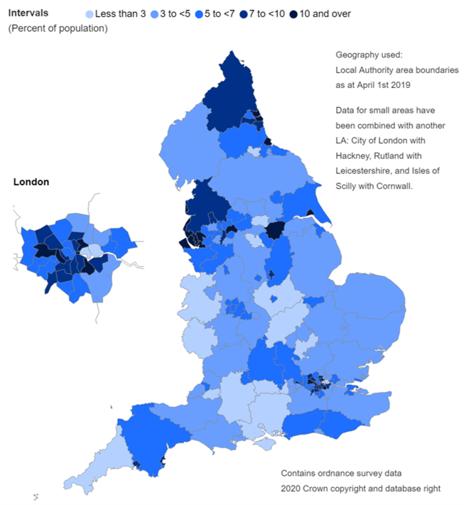 Map showing likelihood of contacts by females (aged 13 to 54), by Local Authority (LA)