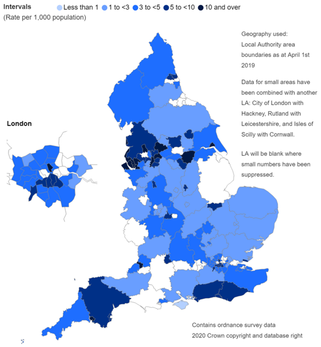 Map showing Emergency contraception provided to under 16’s (by SRH services only) by Local Authority