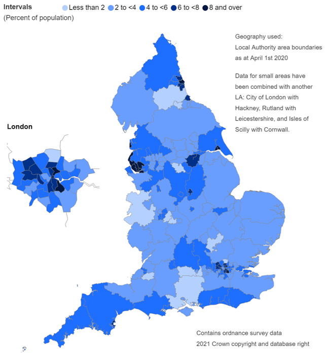 Map showing likelihood of contacts by females (aged 13 to 54), by Local Authority (LA)