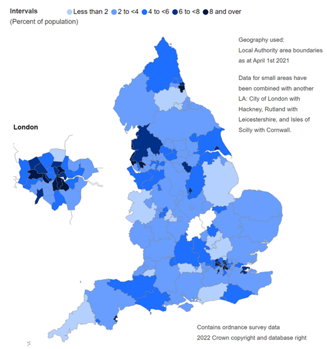 Map showing likelihood of contacts by females (aged 13 to 54), by Local Authority (LA)