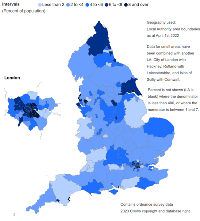 Map showing likelihood of contacts by females (aged 13 to 54), by Local Authority (LA)