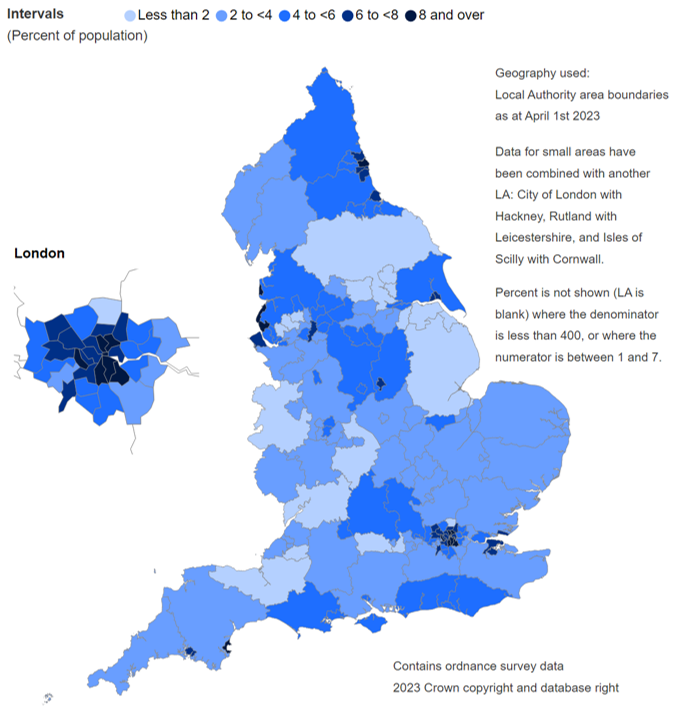 Map showing likelihood of contacts by females (aged 13 to 54), by Local Authority (LA)