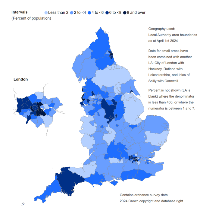 Map showing likelihood of contacts by females (aged 13 to 54), by Local Authority (LA)