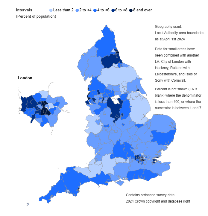 Map showing likelihood of contacts by females (aged 13 to 54), by Local Authority (LA)