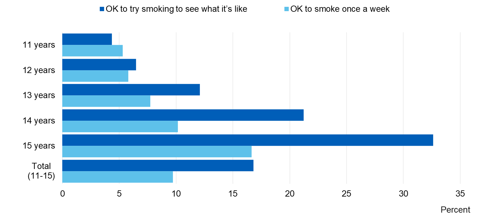 Image showing pupils’ attitudes towards smoking by people of their same age, by age