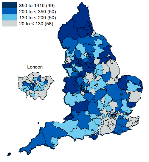 Map showing the rate of prescription items dispensed by CCG, per 100,000 population