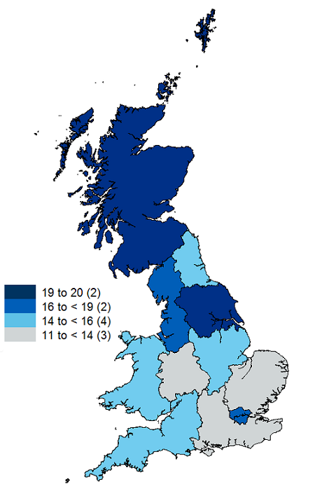 Map of Great Britain showing the proportion drinking more than 8/6 units on heaviest drinking day, by region and country