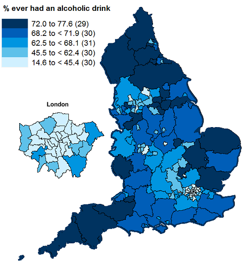 Map of England showing drinking prevalence by LA
