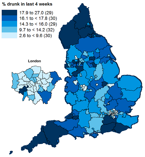 Map of England showing drunkenness by LA