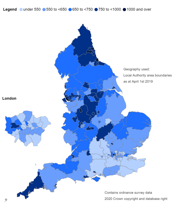Map of England showing alcohol-related hospital admissions (narrow measure) per 100,000 population