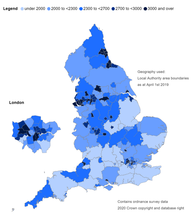 Map of England showing alcohol-related hospital admissions (broad measure) per 100,000 population