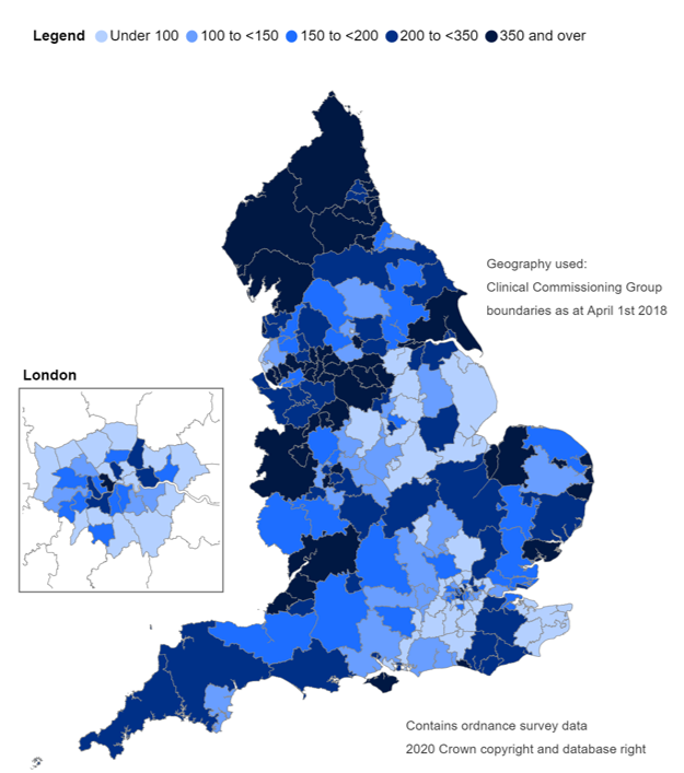 Map showing the rate of prescription items dispensed by CCG, per 100,000 population