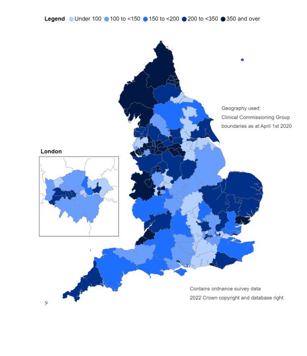 Map showing the rate of prescription items dispensed by CCG, per 100,000 population