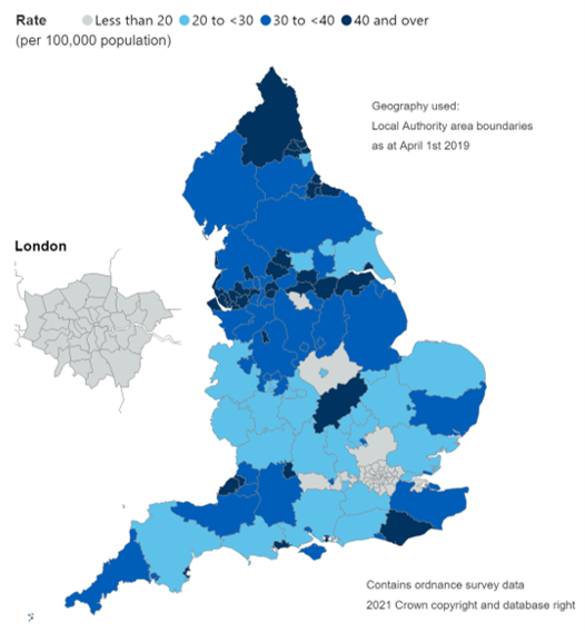 Map showing admission rates for poisoning by drug misuse, by Local Authority (per 100,000 population)