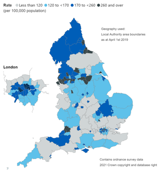 Map showing admission rates where drug-related mental and behavioural disorders were a factor, by Local Authority (per 100,000 population)