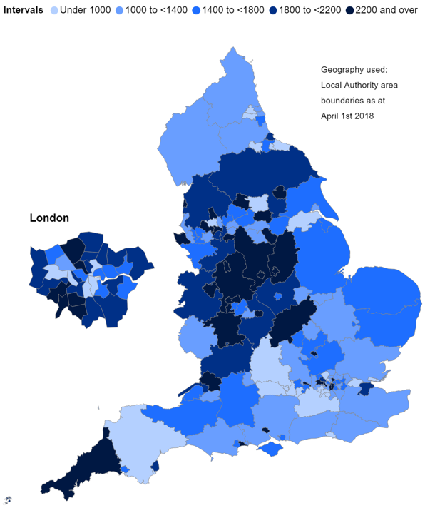 Map showing admissions per 100,000 population by LA