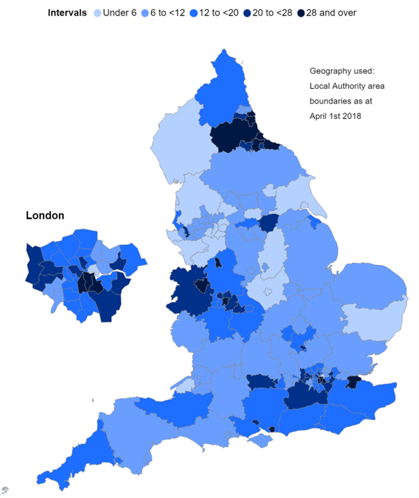 Map showing admissions per 100,000 population by LA