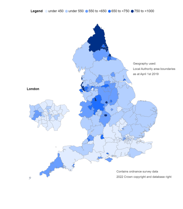Map of England showing alcohol-related hospital admissions (narrow measure) per 100,000 population