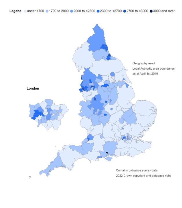 Map of England showing alcohol-related hospital admissions (broad measure) per 100,000 population