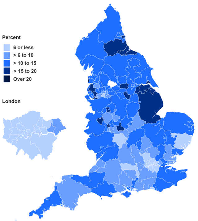 Map showing percentage of women smoking at time of delivery in Q1 2020-21 by CCG