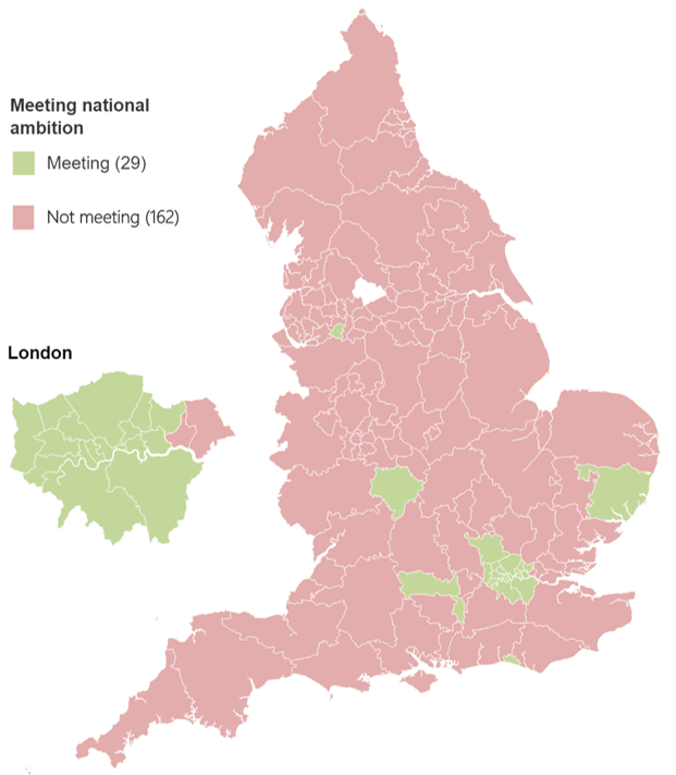 Map showing whether CCGs have met the national ambition of 6% in quarter 1 2020/21 xxxx
