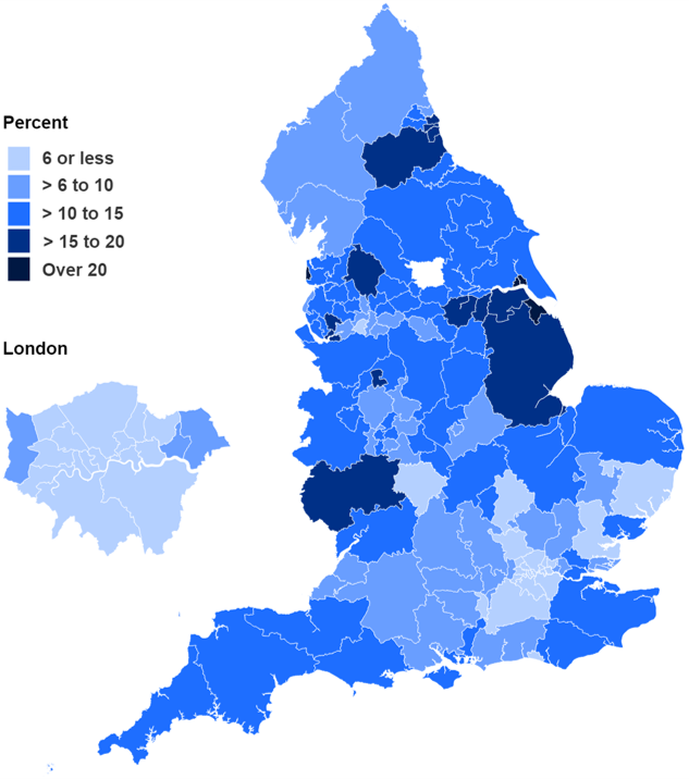 Map showing percentage of women smoking at time of delivery in Q3 2020-21 by CCG
