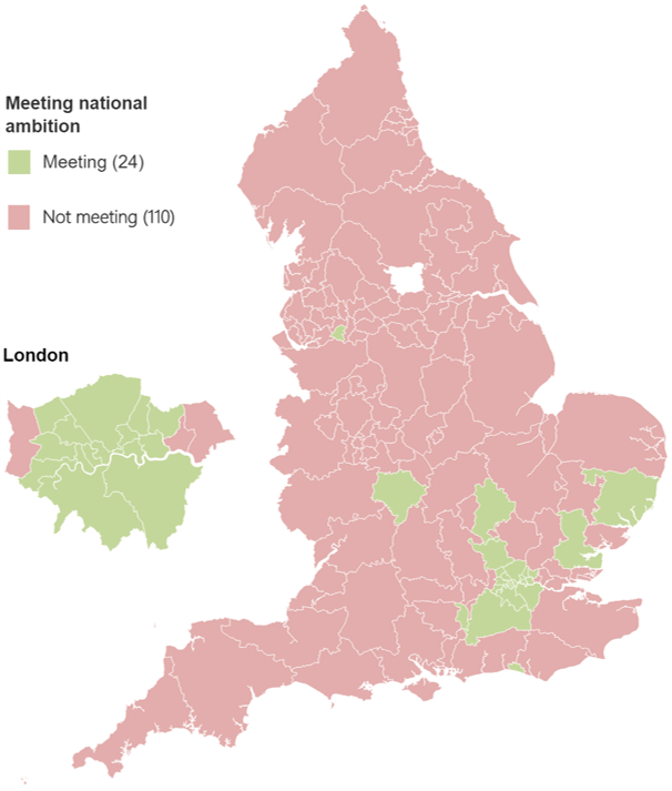 Map showing whether CCGs have met the national ambition of 6% in quarter 3 2020/21