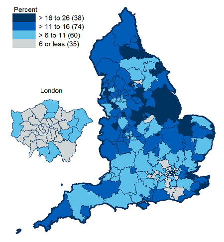 Map showing percentage of women smoking at time of delivery in 2017/18 by CCG