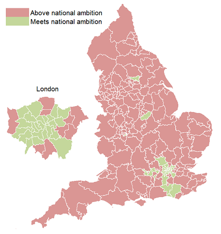 Map showing whether CCGs have met the national ambition of 6% in 2017/18