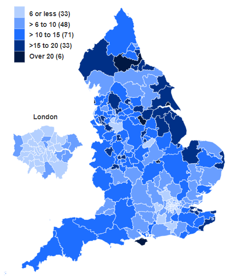 Map showing percentage of women smoking at time of delivery in Q1 2019/20 by CCG